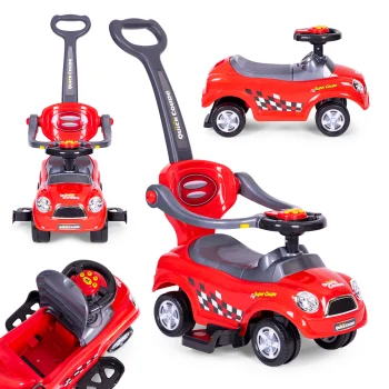 Vaikiškas stumdukas-automobilis 3-in-1 su rankena, raudonas