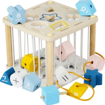Wooden Sensory Shape Sorter Cube 22885 with Elastic Bands