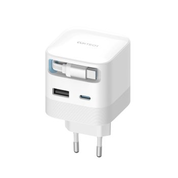 Cuktech AD653W 67W GaN sieninis įkroviklis su ištraukiamu USB-C laidu, Baltas
