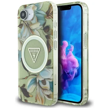 Guess IML Metal Glitter Flowers Triangle MagSafe dėklas iPhone 16e, žalias