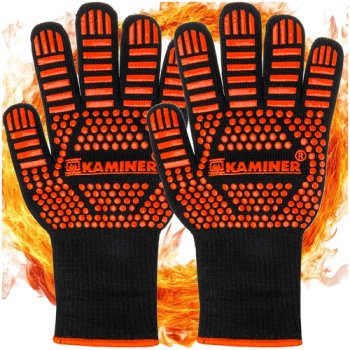 Kaminer Heat-Resistant Grill and Oven Gloves, Black/Orange