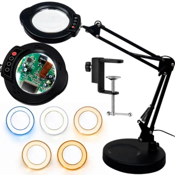 Stalinė didinamoji lempa su LED apšvietimu 10x, reguliuojamu stovu, juoda