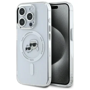 Karl Lagerfeld dėklas iPhone 15 Pro Max telefonui IML Metal MagSafe, baltas