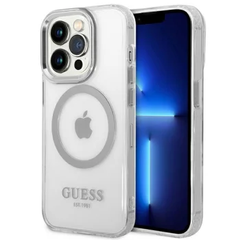 Guess Metal Outline MagSafe dėklas, skirtas iPhone 14 Pro Max 6.7", sidabrinis