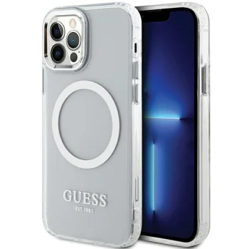 Guess Metal Outline MagSafe dėklas iPhone 12 / 12 Pro telefonui, sidabrinis