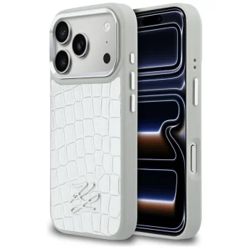 Karl Lagerfeld Croco KL Script Logo MagSafe dėklas iPhone 17 Pro, sidabrinis