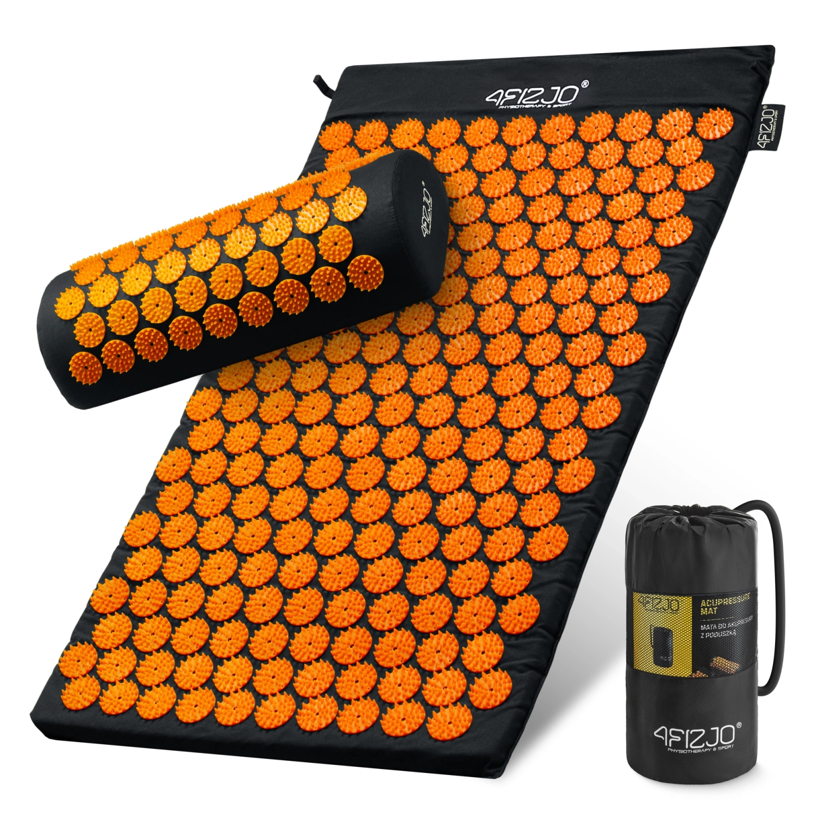4Fizjo Acupressure Mat Acupuncture Massage Mat + Pillow, Black/Orange (68x42cm)