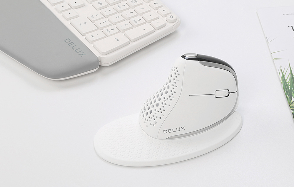 Belaidė vertikali ergonominė pelė Delux M618XSD BT+2.4G RGB, balta