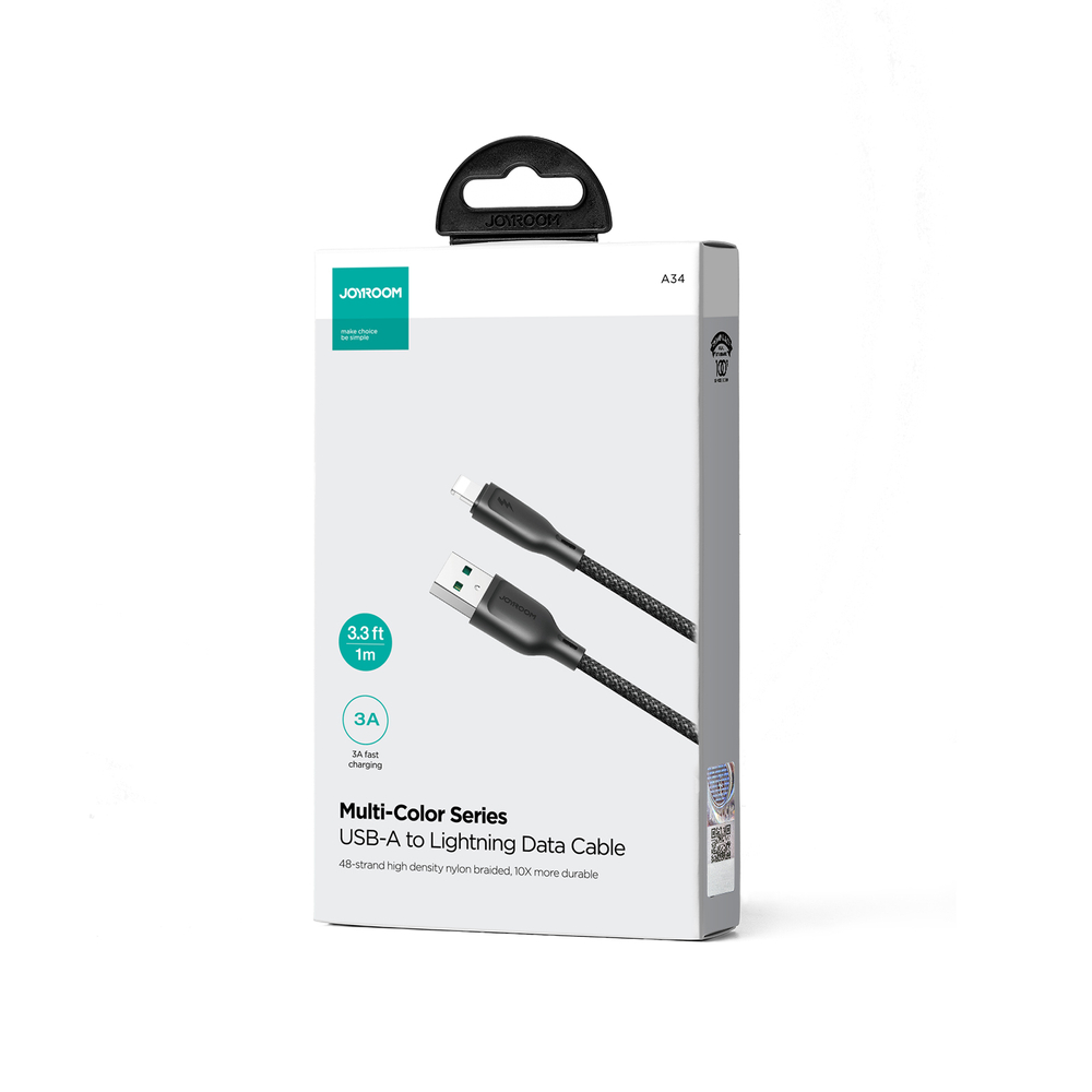 Joyroom A34 USB / Apple Iphone Lightning Data Charging Cable, 3A 1m, Black
