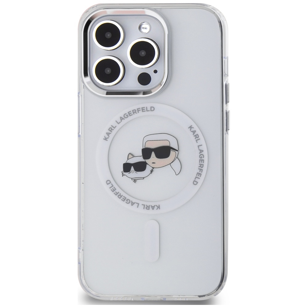 Karl Lagerfeld dėklas iPhone 14 Pro telefonui IML Metal Karl & Choupette MagSafe, baltas