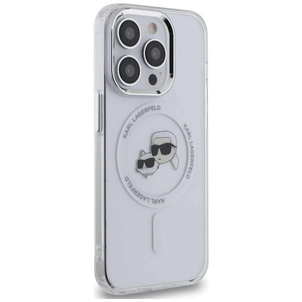Karl Lagerfeld dėklas iPhone 14 Pro telefonui IML Metal Karl & Choupette MagSafe, baltas