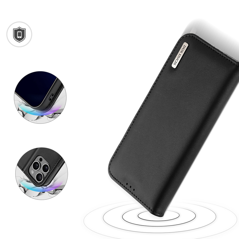 Dux Ducis Hivo atverčiamasis odinis dėklas iPhone 16 Pro su RFID, juodas