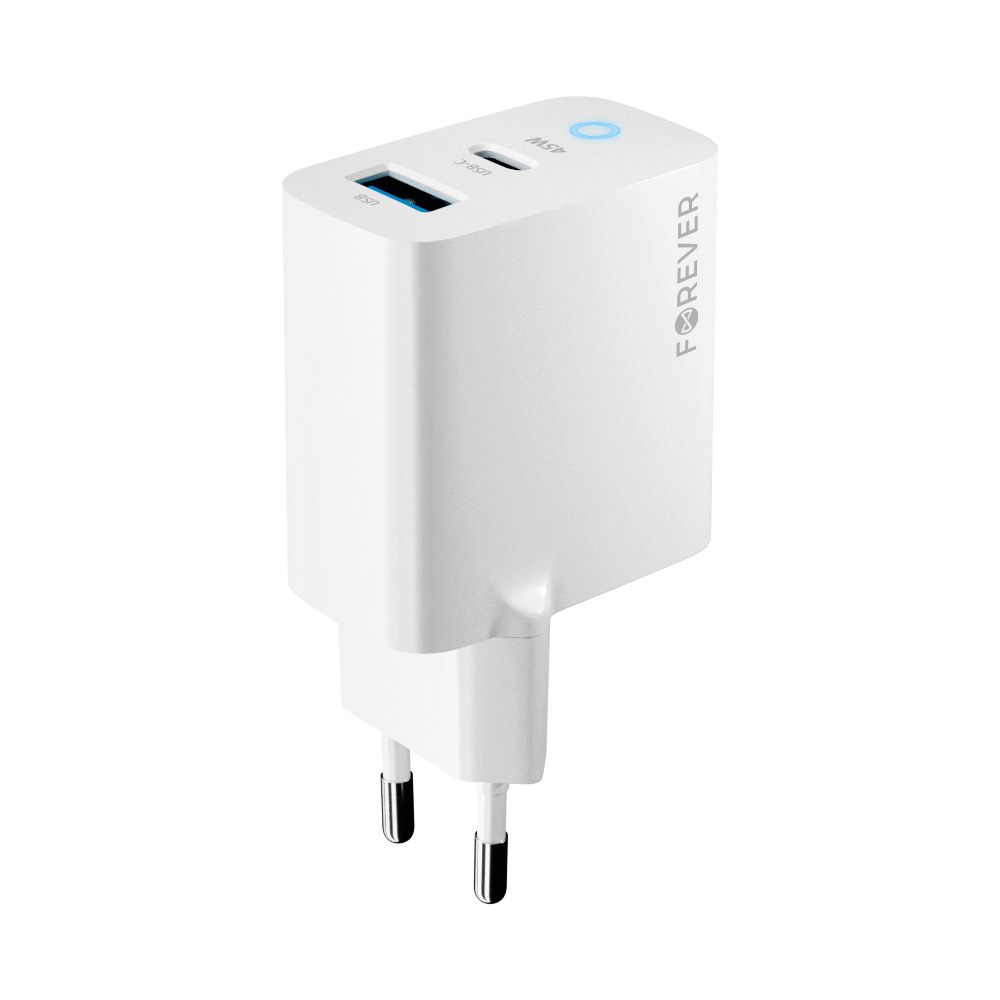 Forever GaN PD QC TC-06 45W Tinklo įkroviklis (USB-C + USB) Baltas