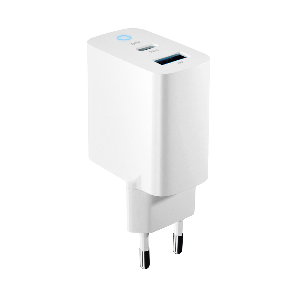 Forever GaN PD QC TC-06 45W Tinklo įkroviklis (USB-C + USB) Baltas