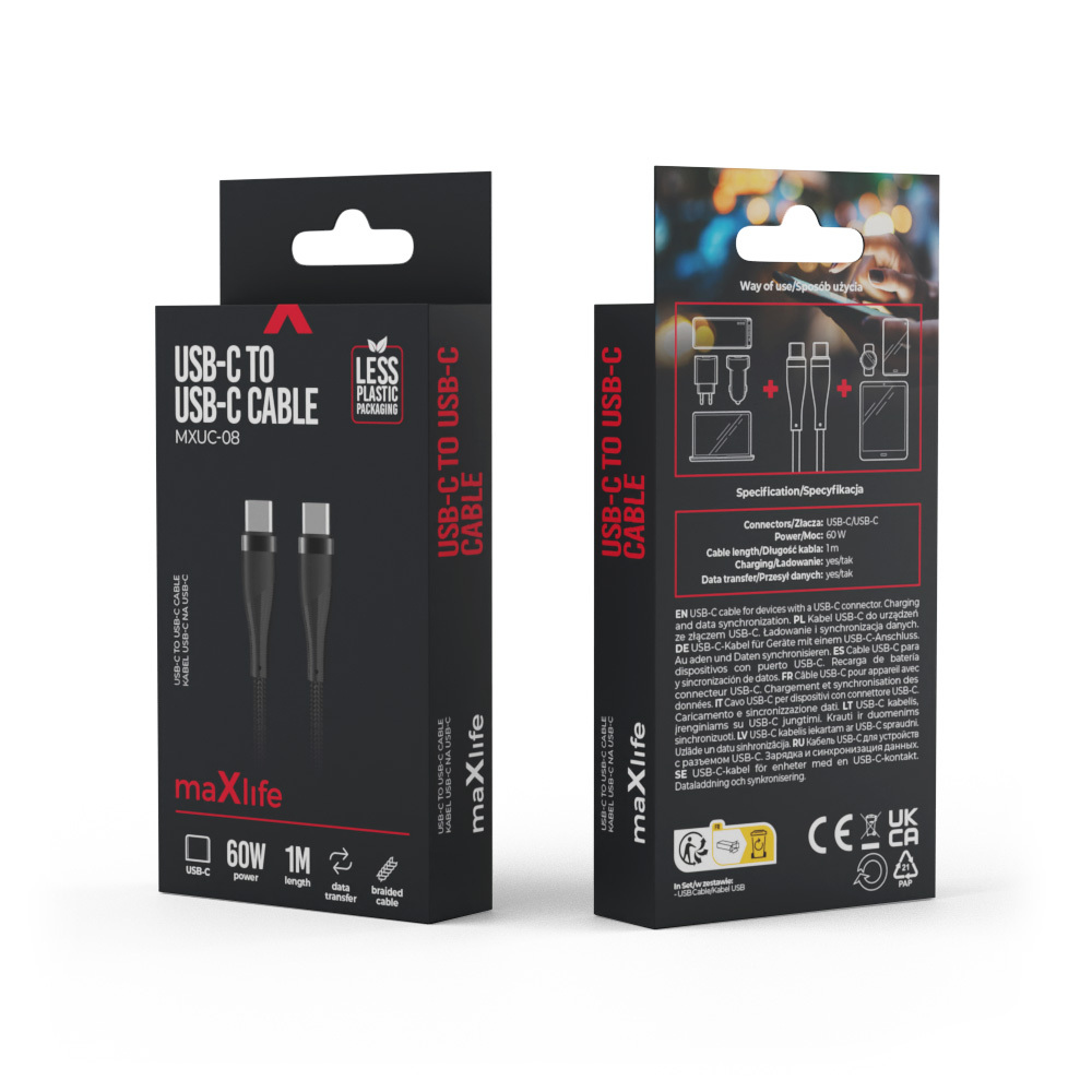 Maxlife USB-C to USB-C Cable MXUC-08 1.0m 60W, Black
