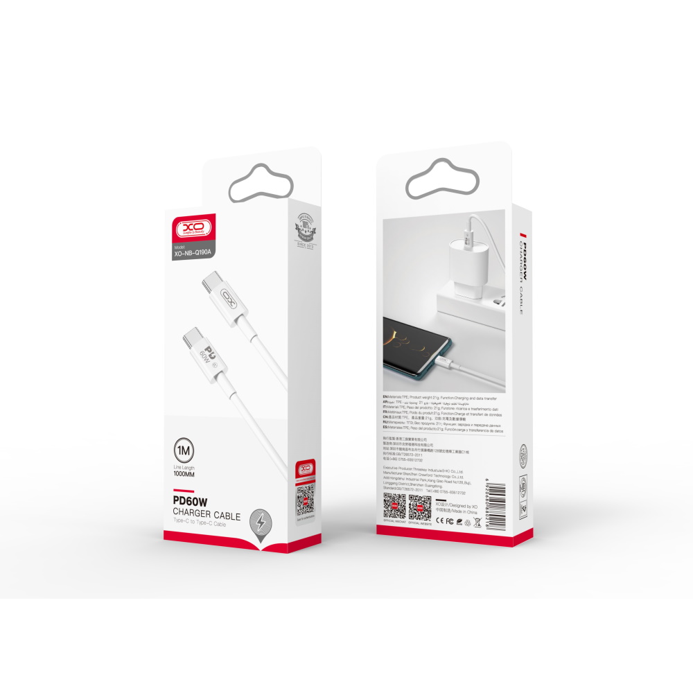 XO NB-Q190A PD USB-C - USB-C laidas, 1.0m, 60W, baltas