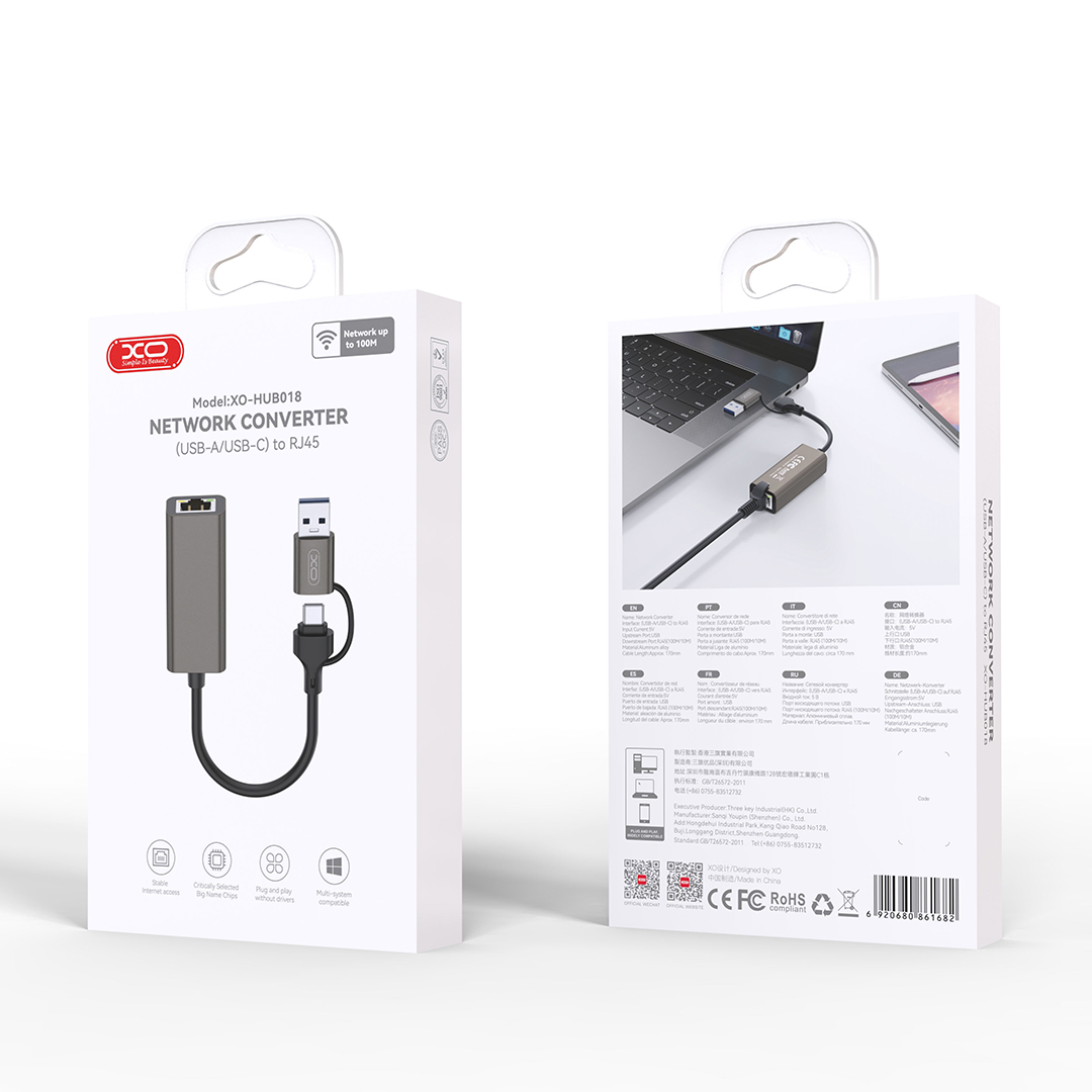 XO HUB018 2-in-1 USB-A / USB-C į RJ45 tinklo adapteris, pilkas