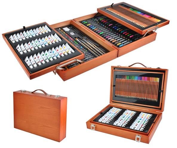 Artist's painting drawing set in a wooden box 174 pcs. pencils, paint, brushes, etc.