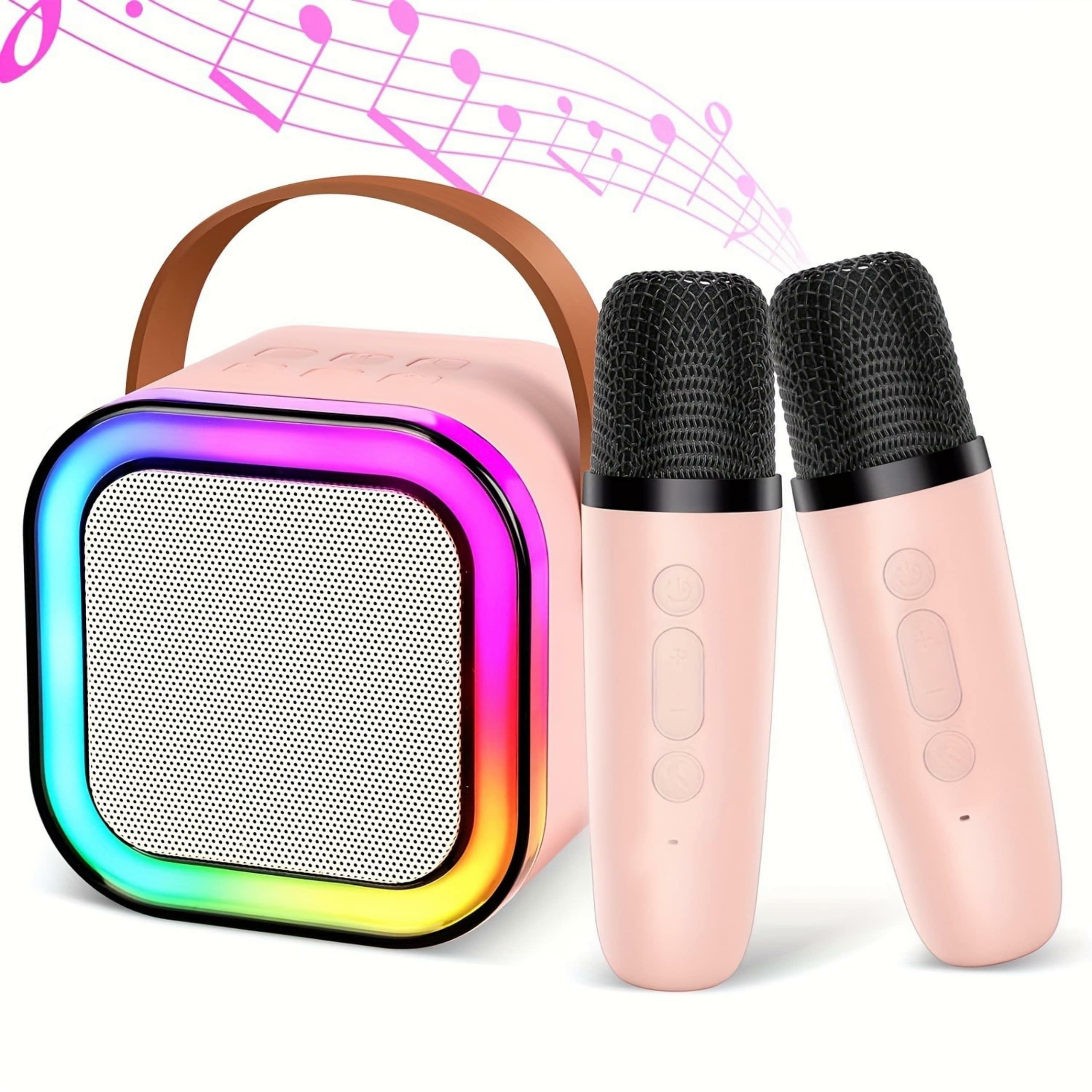 Bluetooth karaoke rinkinys: garsiakalbis + 2 mikrofonai, rožinis