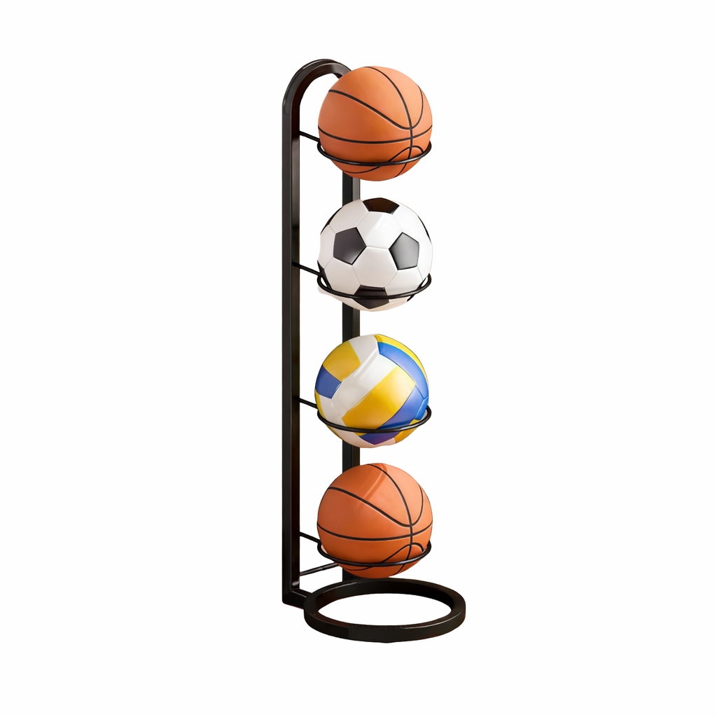 Ball Storage Rack for 4 Balls, Foldable Metal Sports Equipment Organizer for Garage, Black