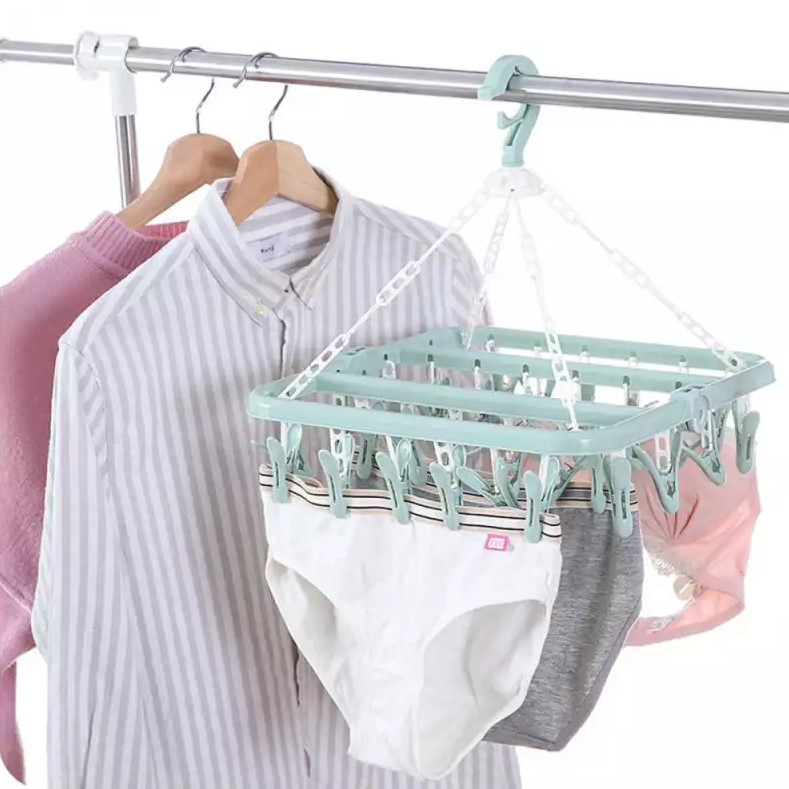 Folding hanging clothes dryer, with 32 clothespins, blue