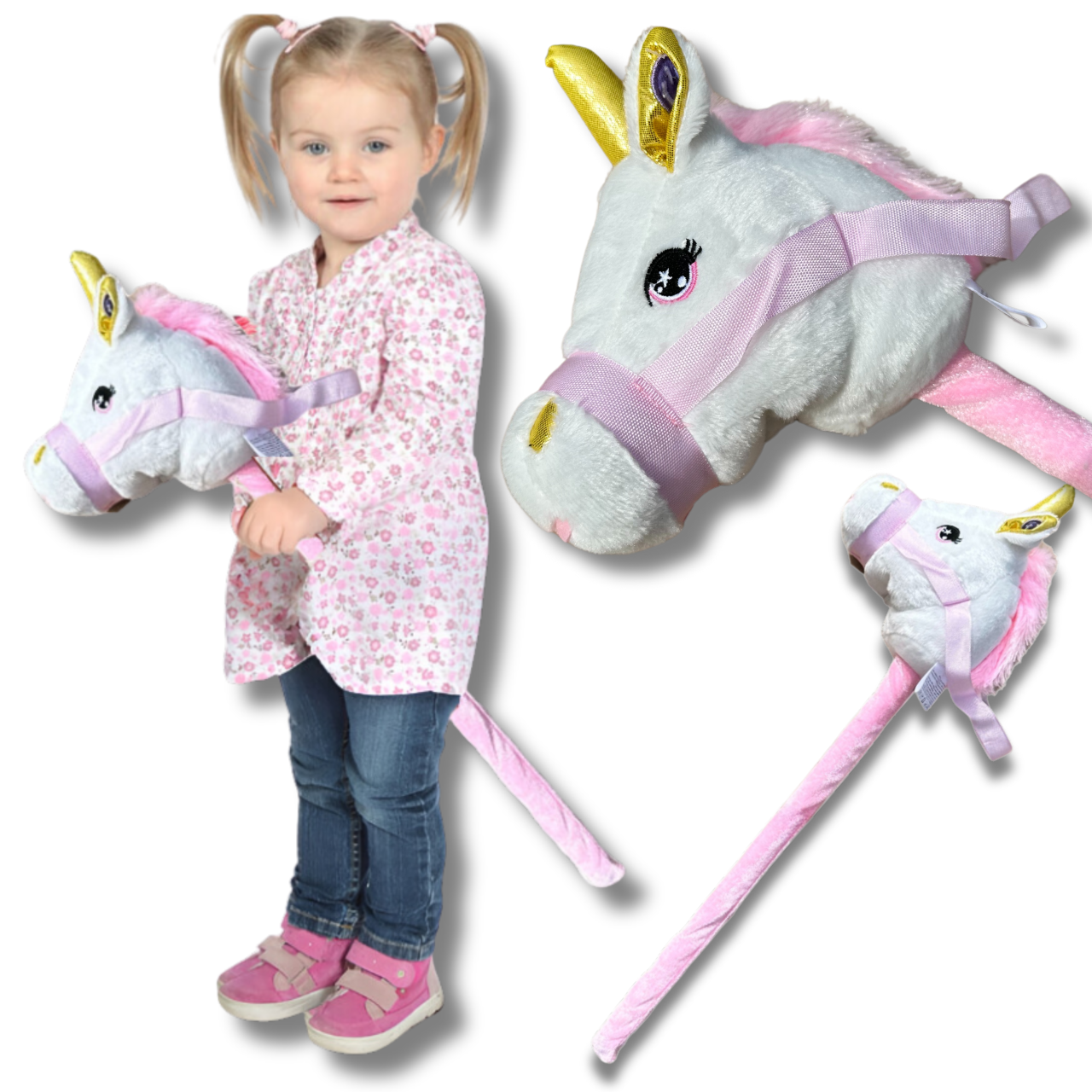 Bakalu Hobby Horse Unicorn Head on a Stick with Sound, White