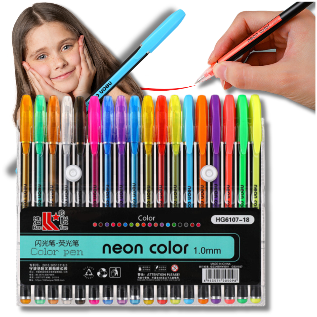 Neoninių gelinių tušinukų rinkinys, 18 spalvų