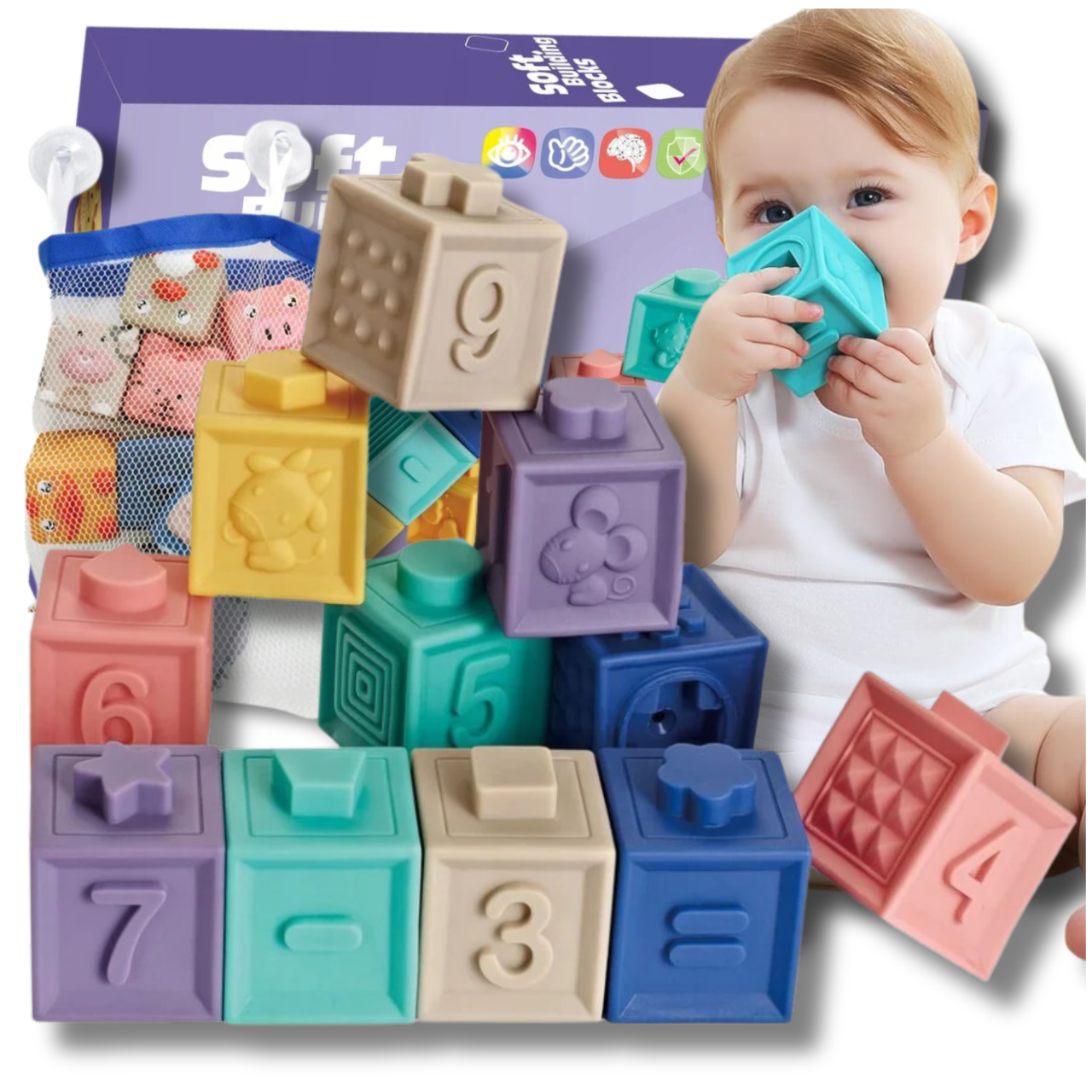 Soft Sensory Blocks with Numbers & Teether for Babies, 13 Pcs
