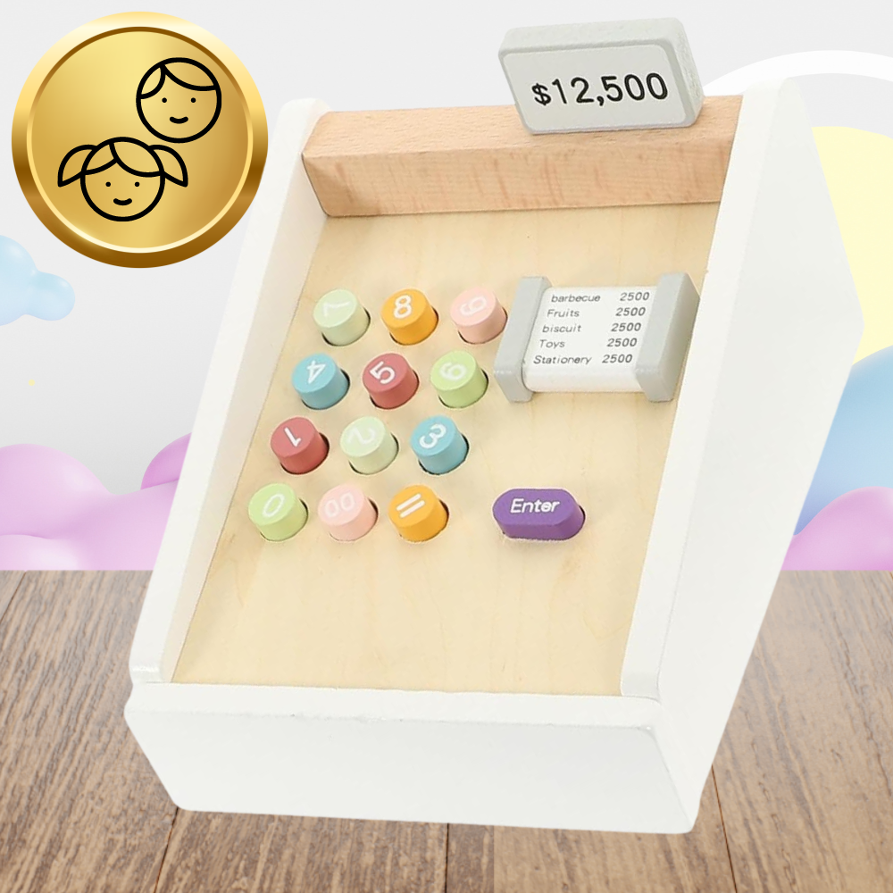 Bakalu Wooden Cash Register for Kids with Money and Card Reader
