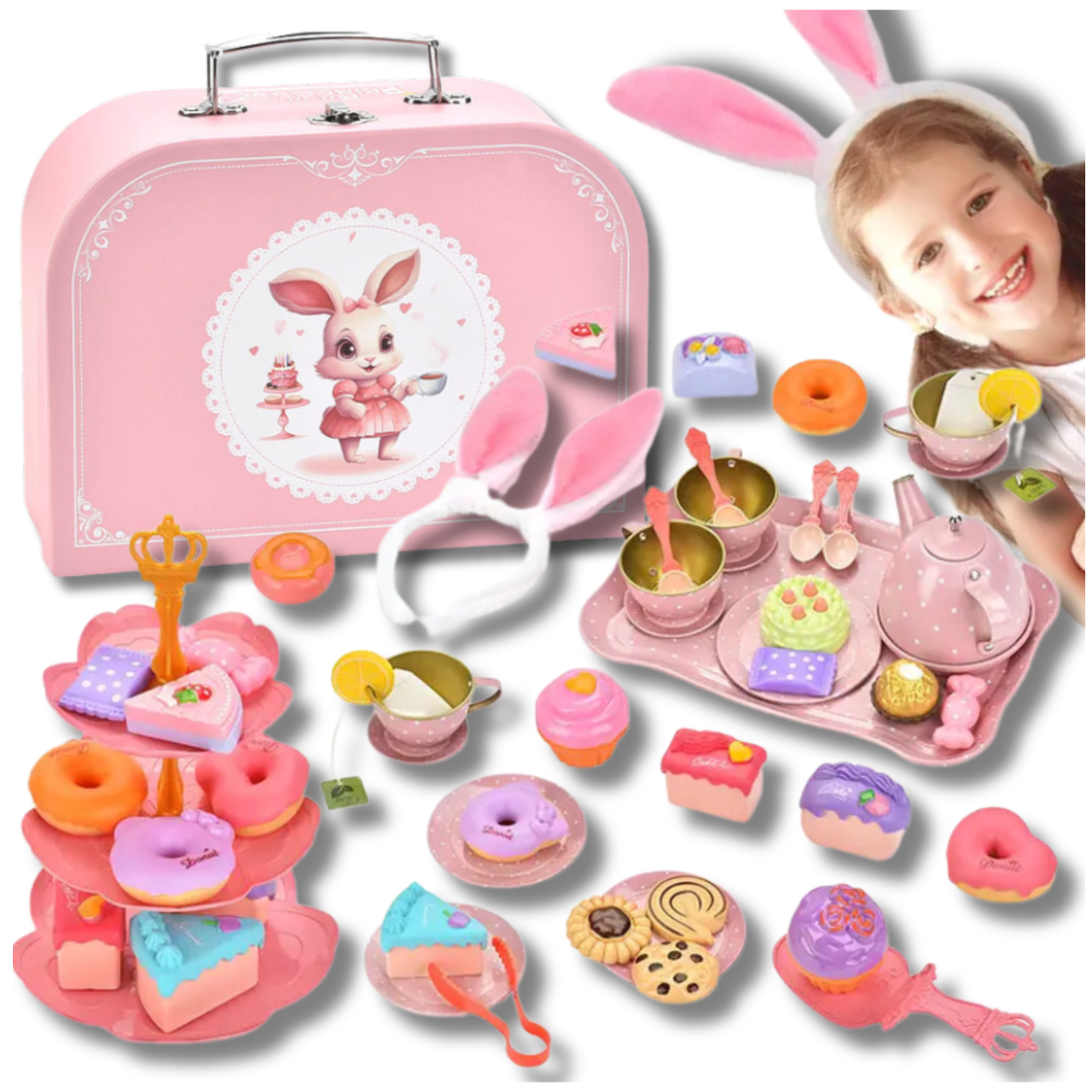 Kids Toy Tea and Coffee Set with Cakes and Storage Box