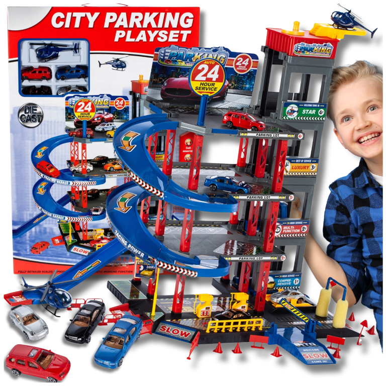 Bakalu Multi-Level Parking Garage with Cars and Helicopter