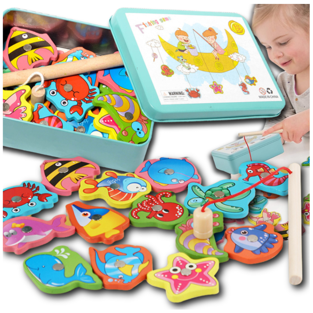 Wooden Fishing Game for Kids with Rod in a Metal Storage Tin
