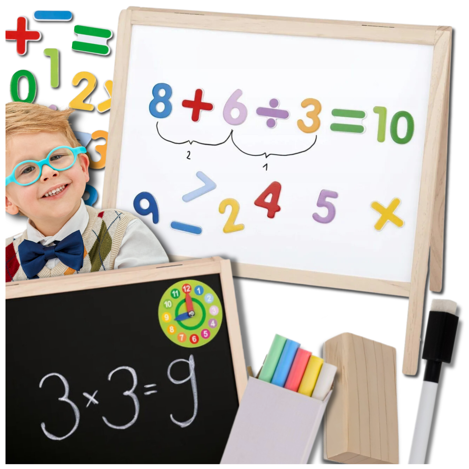 Bakalu Large Wooden Double-Sided Magnetic Chalkboard 4in1 with Accessories