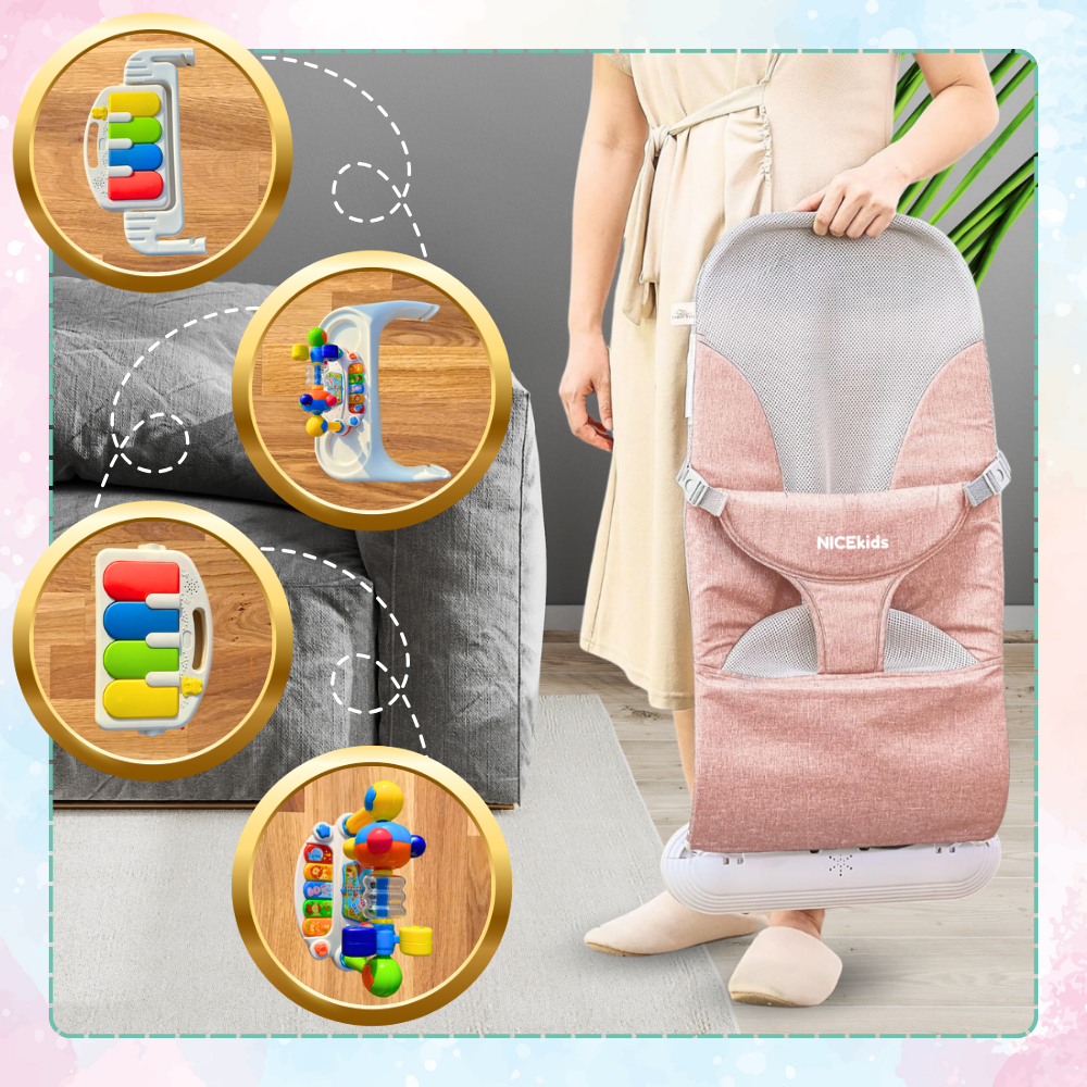 Bakalu NICEkids Foldable Baby Bouncer with Piano and Toys, Pink