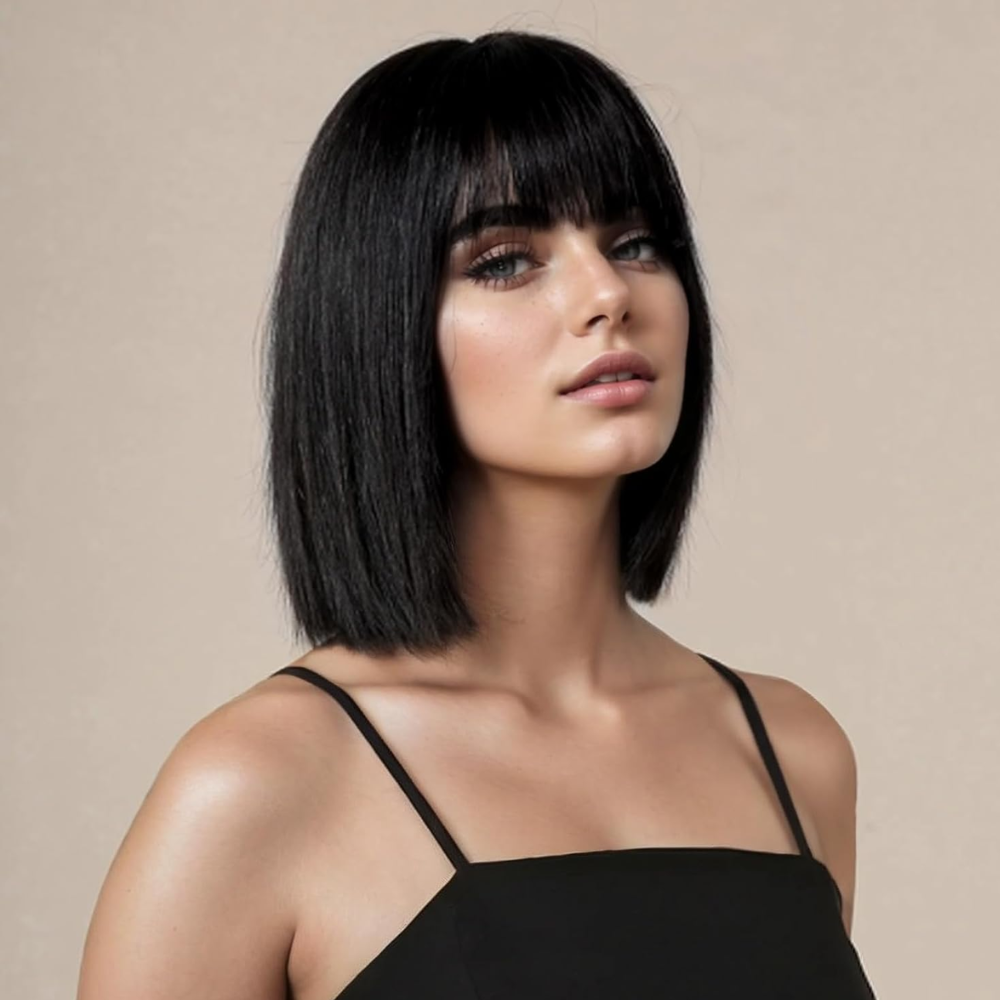 Short Black Bob Wig with Bangs for Costume Party, Carnival, Bachelorette