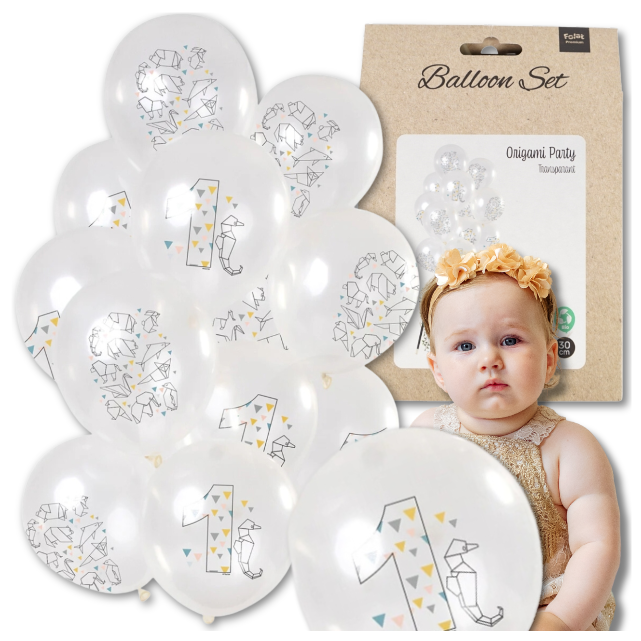 Bakalu Balloons 12 pcs 1st Birthday Origami, Transparent White