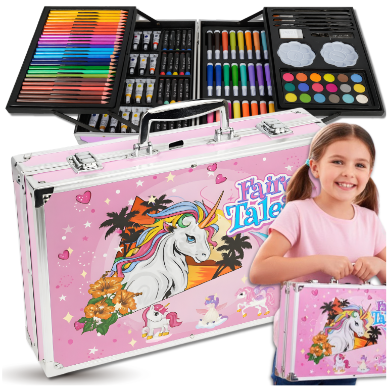 Unicorn Art Set for Kids 145 Piece Drawing and Painting Kit in Aluminum Case, Pink