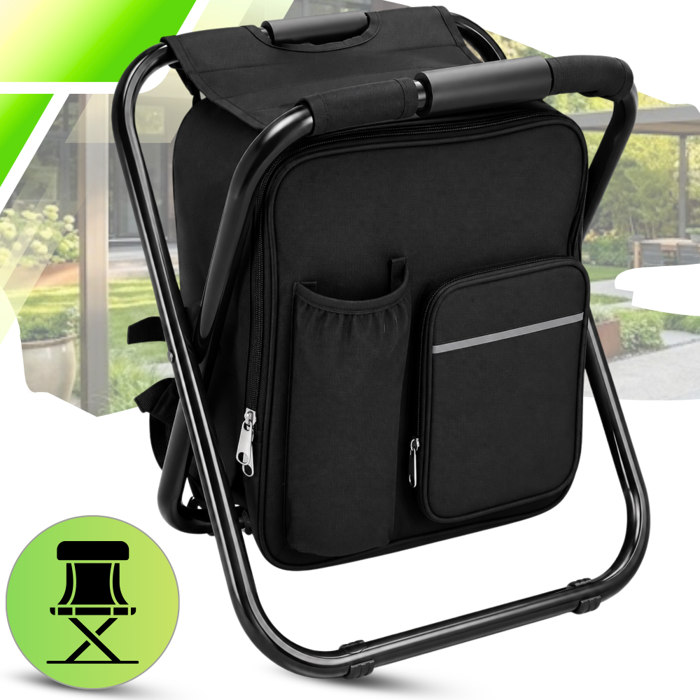 3-in-1 Camping Backpack with Folding Chair and Cooler Bag, 14L, Black