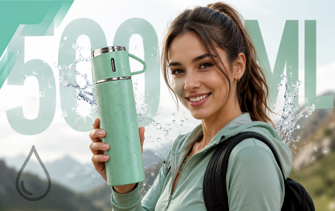 Turistinis termosas 500 ml su 3 puodeliais, nerūdijantis plienas, žalias
