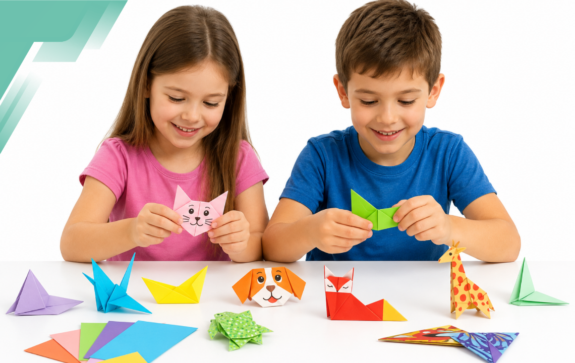 Origami rinkinys vaikams, 54 lapai, 27 gyvūnų modeliai su instrukcija