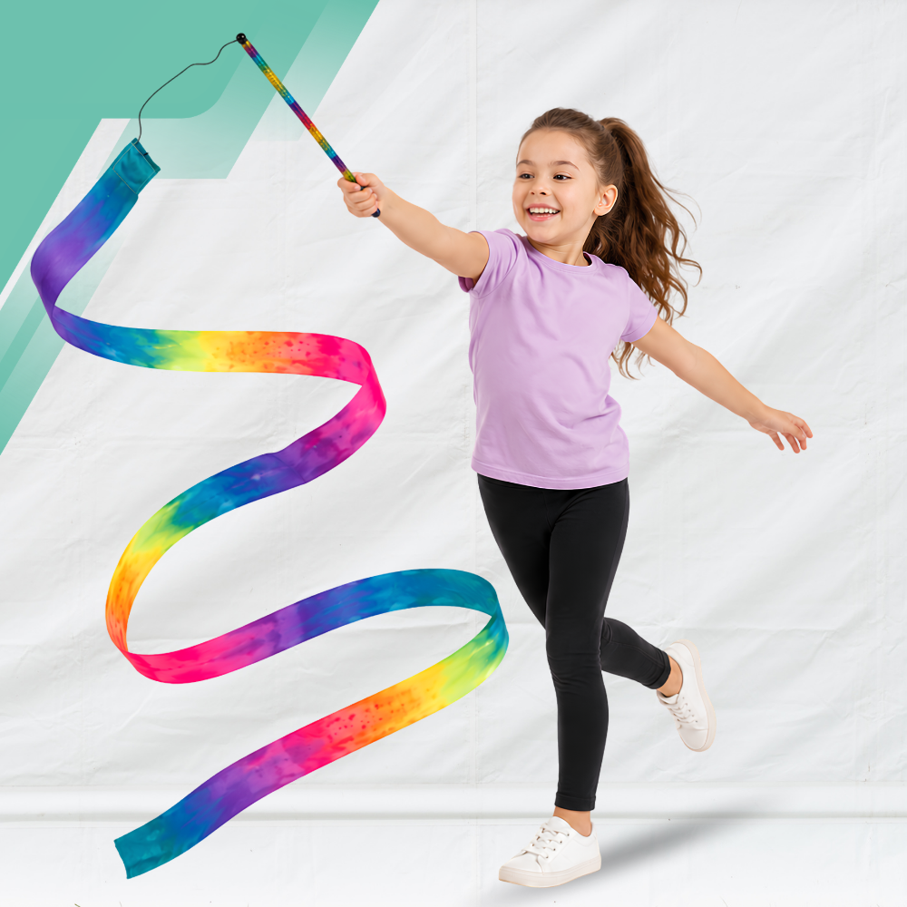 Gimnastikos juosta su lazdele šokiams ir ritmikai, 2 m, vaivorykštės spalvų