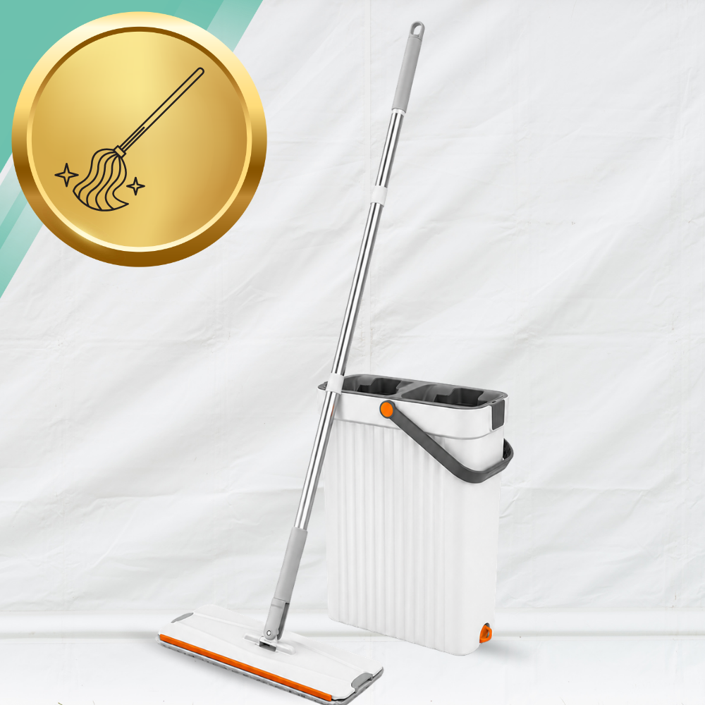 Grindų šluota su dviejų skyrių kibiru Wash + Dry, 33 cm ir 4 mikropluošto šluostės
