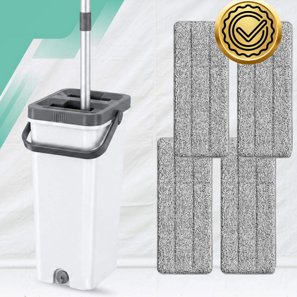 Grindų šluota su dviejų skyrių kibiru Wash + Dry, 33 cm aliuminio galva, 4 mikropluošto šluostės
