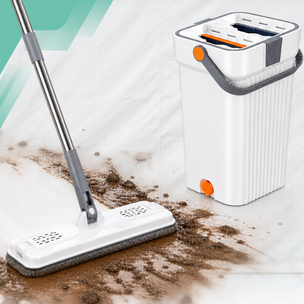 Grindų šluota su 2 kamerų kibiru Wash + Dry, 33 cm ir 4 mikropluošto šluostės