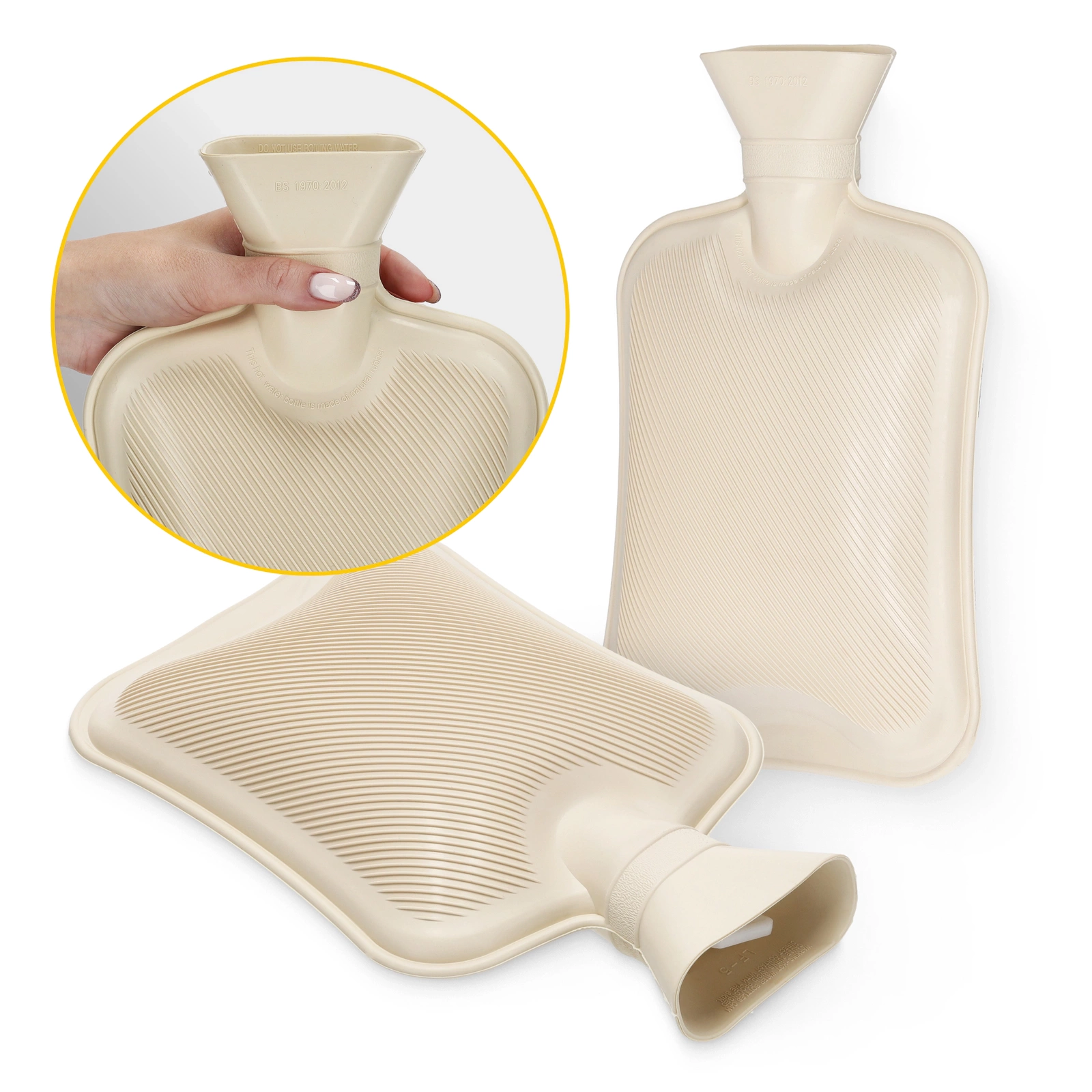 Rubber Hot Water Bottle 4FIZJO 2 Litre, Cream