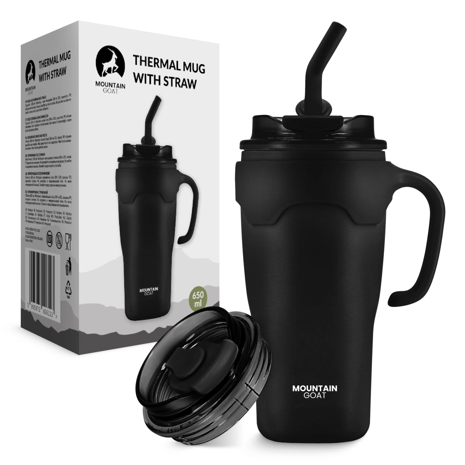 4Fizjo Mountain Goat termopuodelis su šiaudeliu, 650 ml, juodas