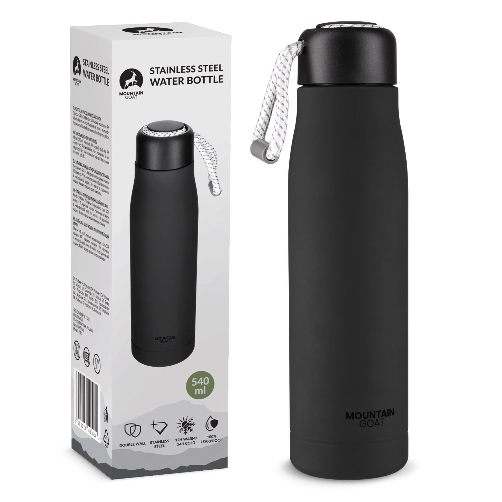 Termogertuvė 4Fizjo Mountain Goat su dirželiu, 540 ml, juoda