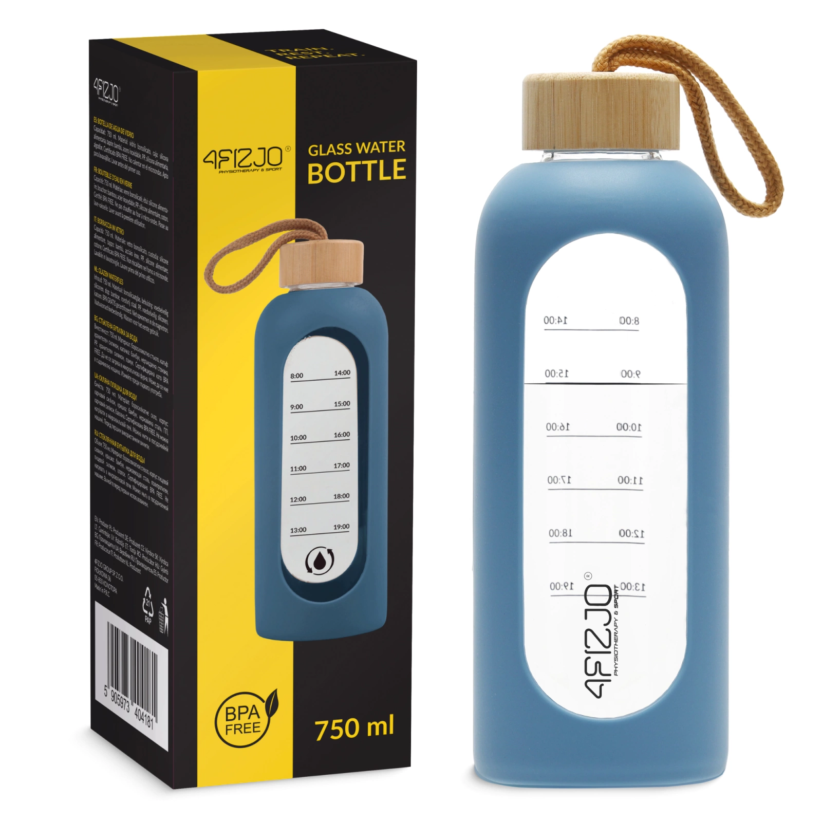 4Fizjo 1578 Glass Sports Water Bottle with Silicone Sleeve, 750 ml, Blue