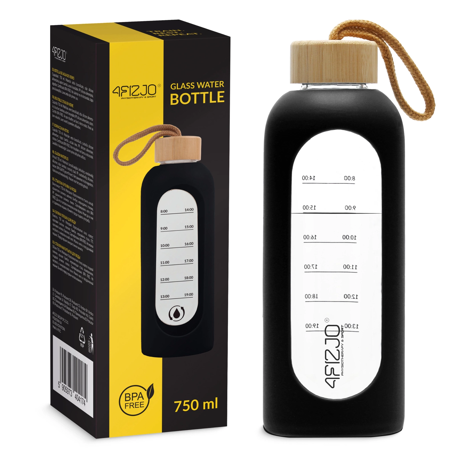 4Fizjo Glass Sports Water Bottle, 750 ml, Black