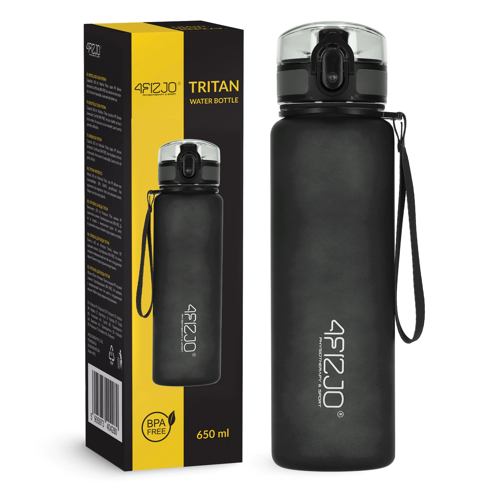 4Fizjo sportinis vandens buteliukas, 650 ml, juodas